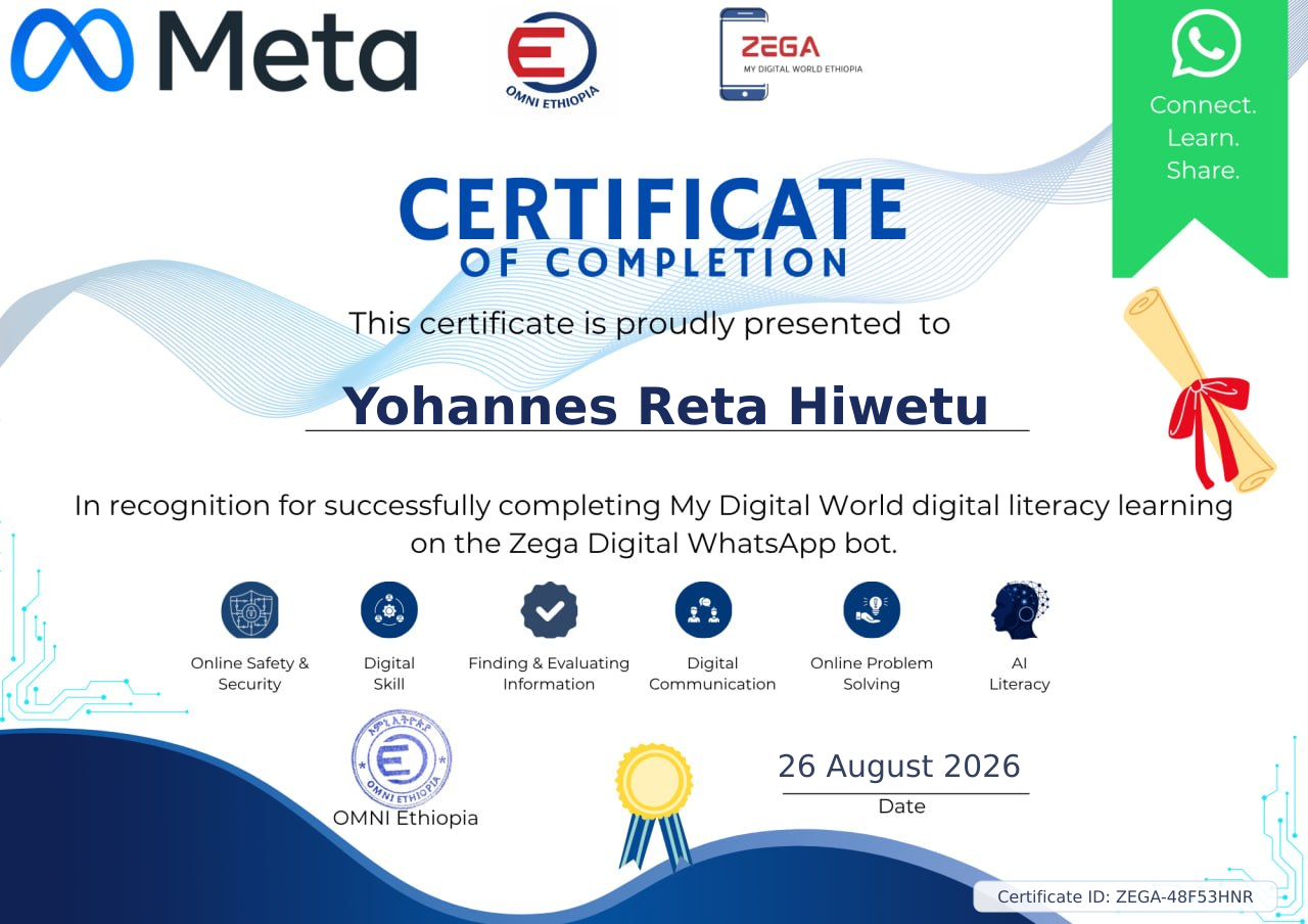 Certificate for Yohannes Reta Hiwetu