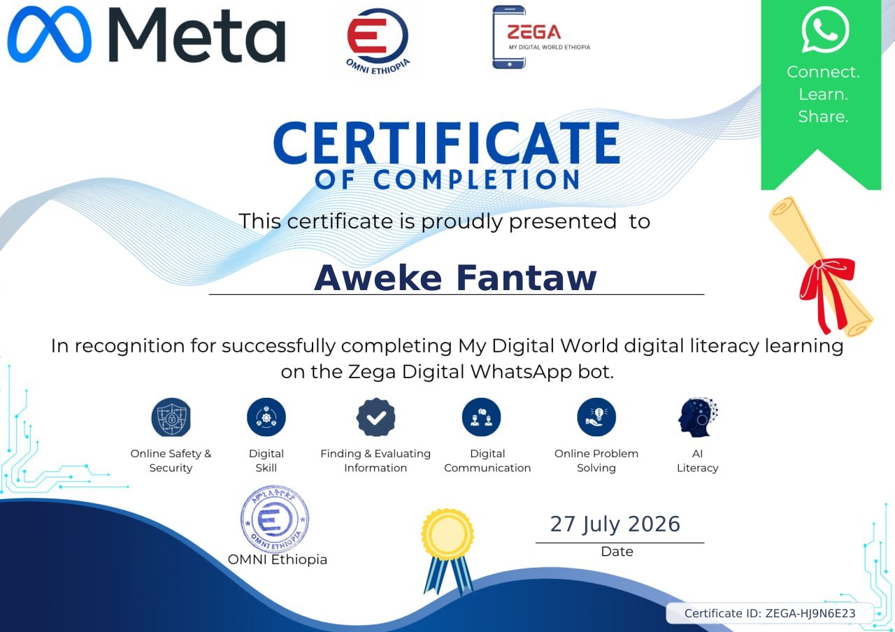Certificate for Aweke Fantaw